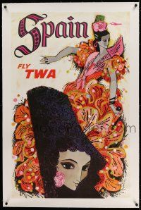 9z087 TWA SPAIN linen 25x40 travel poster '60s colorful David Klein art of pretty Spanish dancer!