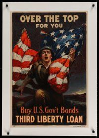 9z082 OVER THE TOP FOR YOU linen 20x30 WWI war poster '18 patriotic art by Sidney H. Riesenberg!