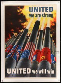 9z037 UNITED WE ARE STRONG linen 40x56 WWII war poster '43 art of cannons & flags by Henry Koerner!
