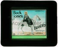 1a012 BRANDED glass slide '31 great image of cowboy Buck Jones sitting on his horse Silver!