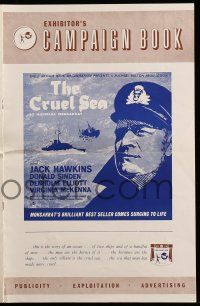 1a508 CRUEL SEA English pressbook '53 art of ship captain Jack Hawkins with ships at sea!