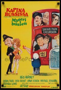 1b200 MUTINY ON THE BUSES Finnish '72 Hammer, wacky artwork of cast and bus!