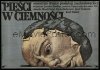 1b243 FISTS IN THE DARK Polish 27x38 '87 surreal Wieslaw Walkuski art of crushed face on a rock!