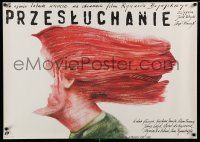 1b247 INTERROGATION Polish 27x38 '89 wild Pagowski art of woman with gagged face in her hair!
