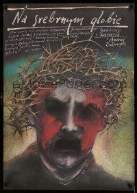 1b265 ON THE SILVER GLOBE Polish 27x38 '87 Pagowski art of man w/thorns & world map on his face!