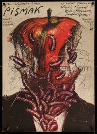 1b267 PISMAK Polish 26x36 '84 creepy Andrzej Pagowski art of man with wormy apple for a head!