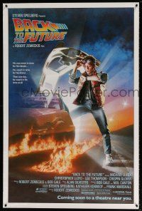 1c077 BACK TO THE FUTURE advance 1sh '85 Zemeckis, Drew art of Michael J. Fox & Delorean!