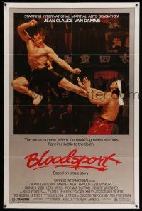 1c116 BLOODSPORT 1sh '88 cool image of Jean Claude Van Damme kicking Bolo Yeung in his huge pecs!