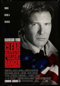 1c169 CLEAR & PRESENT DANGER advance 1sh '94 great portrait of Harrison Ford and American flag!
