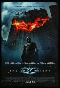 1c182 DARK KNIGHT int'l advance DS 1sh '08 Christian Bale as Batman in front of flaming building!