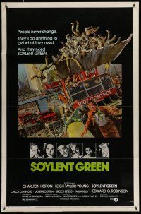 1c721 SOYLENT GREEN 1sh '73 art of Charlton Heston trying to escape riot control by John Solie!
