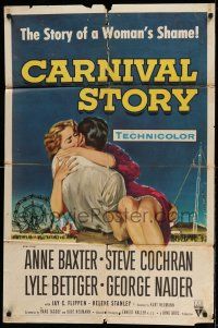 1f132 CARNIVAL STORY 1sh '54 sexy Anne Baxter held by Steve Cochran who she loves real bad!