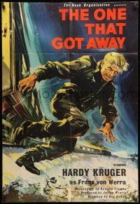 1f630 ONE THAT GOT AWAY English 1sh '58 cool artwork of Hardy Kruger jumping from a train!