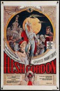 1f242 FLESH GORDON 1sh '74 sexy sci-fi spoof, wacky erotic super hero art by George Barr!