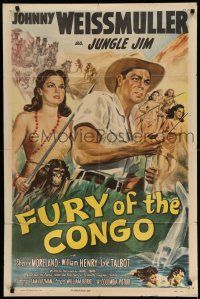 1f255 FURY OF THE CONGO 1sh '51 great art of Johnny Weissmuller as Jungle Jim & native women!