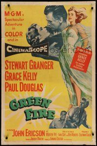 1f284 GREEN FIRE 1sh '54 art of beautiful full-length Grace Kelly & Stewart Granger!