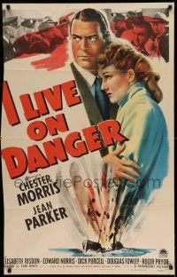 1f347 I LIVE ON DANGER 1sh '42 artwork of Chester Morris & Jean Parker, exploding ship!