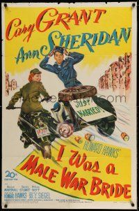 1f351 I WAS A MALE WAR BRIDE 1sh '49 cross-dresser Cary Grant & Ann Sheridan on motorcycle, Hawks