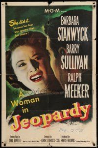 1f389 JEOPARDY 1sh '53 Barbara Stanwyck did it because her fear was greater than her shame!