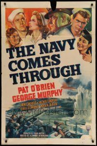 1f587 NAVY COMES THROUGH style A 1sh '42 sailors Pat O'Brien, George Murphy, Desi Arnaz, WWII art!