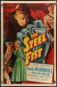 1f802 STEEL FIST 1sh '52 Roddy McDowall, Kristine Miller, cool art of giant metal hand!