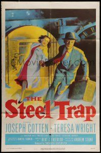 1f803 STEEL TRAP 1sh '52 art of Joseph Cotton & Teresa Wright stealing a million dollars!
