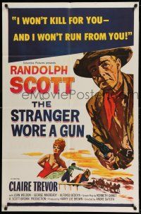 1f812 STRANGER WORE A GUN 1sh R61 cool art of cowboy Randolph Scott, sexy Claire Trevor!