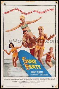 1f827 SURF PARTY 1sh '64 when Beach Boys meet Surf Sweeties, it's a real swingin' splash of fun!