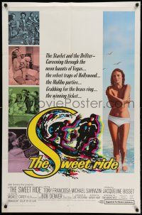 1f830 SWEET RIDE 1sh '68 1st Jacqueline Bisset standing topless in bikini, cool surfing art!