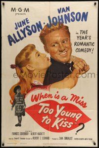 1f878 TOO YOUNG TO KISS 1sh '51 great romantic close up of Van Johnson & June Allyson!