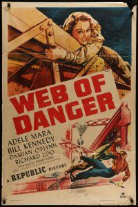 1f932 WEB OF DANGER 1sh '47 cool art of sexy Adele Mara in trouble high up in the sky!