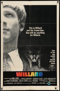 1f971 WILLARD 1sh '71 creepy close up of Bruce Davison with pet rat on shoulder!