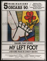 1g737 MY LEFT FOOT French 1p '90 Daniel Day-Lewis, cool artwork of foot w/flower by Seltzer!
