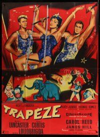 1g891 TRAPEZE style B French 1p '56 Bertrand art of Burt Lancaster, Gina Lollobrigida & Tony Curtis