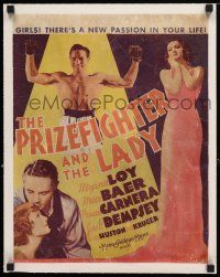 1g024 PRIZEFIGHTER & THE LADY linen WC R1930s great art of Myrna Loy & boxer Max Baer!