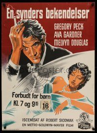 1j780 GREAT SINNER Danish '51 Gaston art of Gregory Peck & sexy Ava Gardner over roulette wheel!