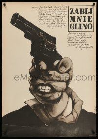 1j477 ZABIJ MNIE GLINO Polish 27x38 '87 cool surreal Andrzej Pagowski art of hand face holding gun