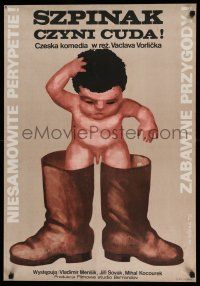 1j368 WHAT WOULD YOU SAY TO SOME SPINACH Polish 23x33 '78 funny Gorka art of baby in too-big boots
