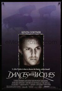 1k157 DANCES WITH WOLVES DS 1sh '90 close portrait of Kevin Costner & running buffalo!