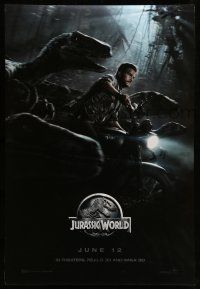 1k404 JURASSIC WORLD teaser DS 1sh '15 Jurassic Park, Chris Pratt on motorcycle w/trained raptors!