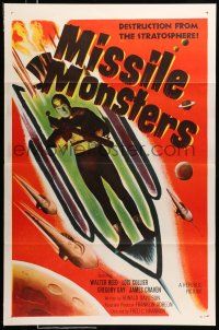 1k520 MISSILE MONSTERS 1sh '58 aliens bring destruction from the stratosphere, wacky sci-fi art!