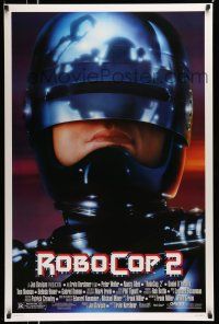 1k645 ROBOCOP 2 DS 1sh '90 great close up of cyborg policeman Peter Weller, sci-fi sequel!