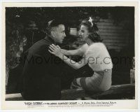 1m438 HIGH SIERRA 8x10.25 still '41 great c/u of Ida Lupino sitting on fence by Humphrey Bogart!