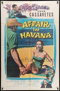 1p023 AFFAIR IN HAVANA 1sh '57 John Cassavetes in Cuba, art of Sara Shane in swimsuit on beach!