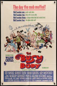 1p148 BUSY BODY 1sh '67 William Castle, great wacky art of entire cast by Frank Frazetta!