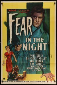 1p308 FEAR IN THE NIGHT 1sh '47 cool film noir artwork of Paul Kelly with pistol!