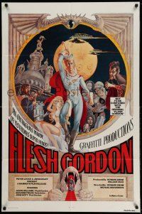1p331 FLESH GORDON 1sh '74 sexy sci-fi spoof, wacky erotic super hero art by George Barr!