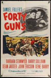 1p352 FORTY GUNS 1sh '57 Samuel Fuller, art of Barbara Stanwyck & Barry Sullivan on horseback!