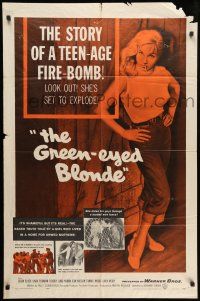 1p406 GREEN-EYED BLONDE 1sh '57 sexy smoking bad girl Susan Oliver in tight sweater & jeans!