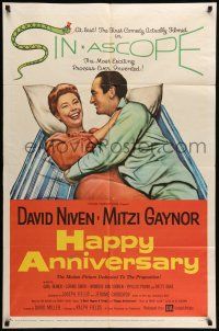 1p418 HAPPY ANNIVERSARY 1sh '59 great romantic art of David Niven & Mitzi Gaynor in bed!